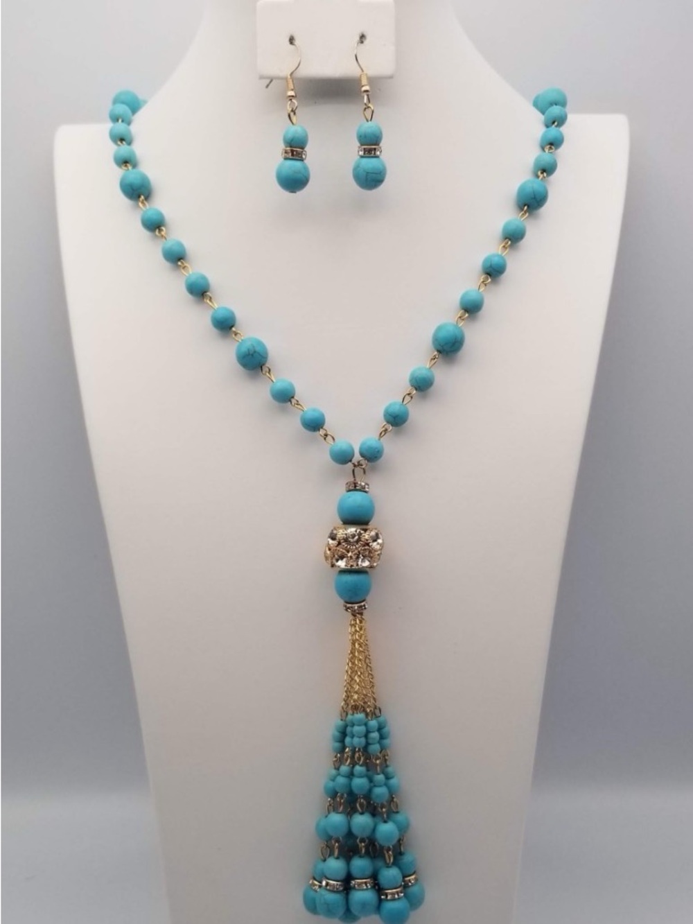 Turquoise Beaded Tassel Necklace and Earring Set - Women Jewelry